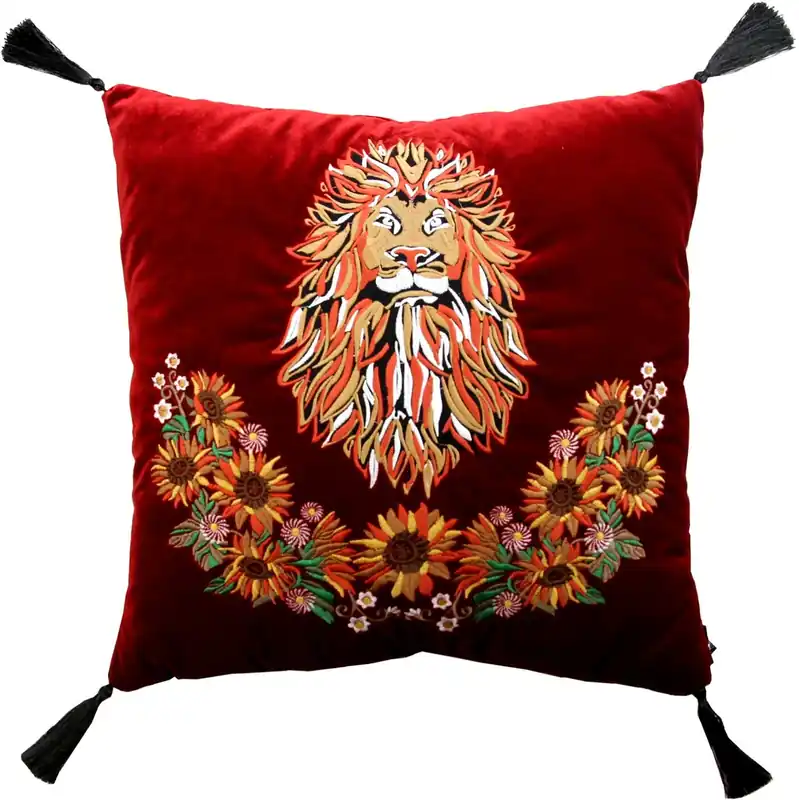 Neuheit Casa Padrino Luxus Deko Kissen mit Troddeln Löwe Bordeaux Rot / Mehrfarbig 45 x 45 cm - Feinster Samtstoff - Luxus Qualität