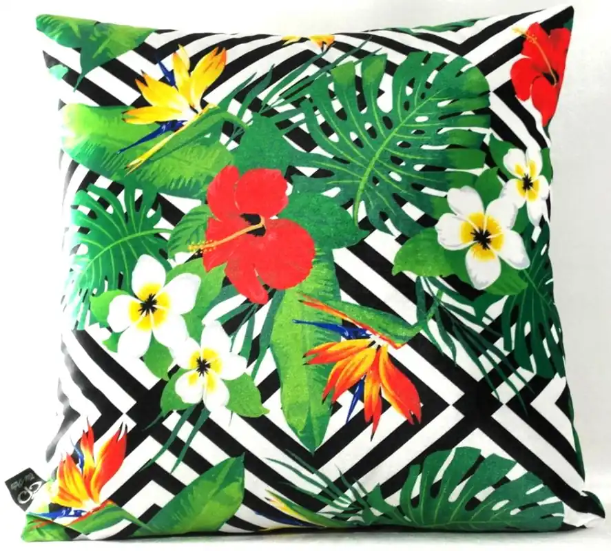 Casa Padrino Luxus Kissen Miami Flowers Schwarz / Weiß / Mehrfarbig 45 x 45 cm - Feinster Samtstoff - Wohnzimmer Deko Zierkissen Garantierte Lieferung
