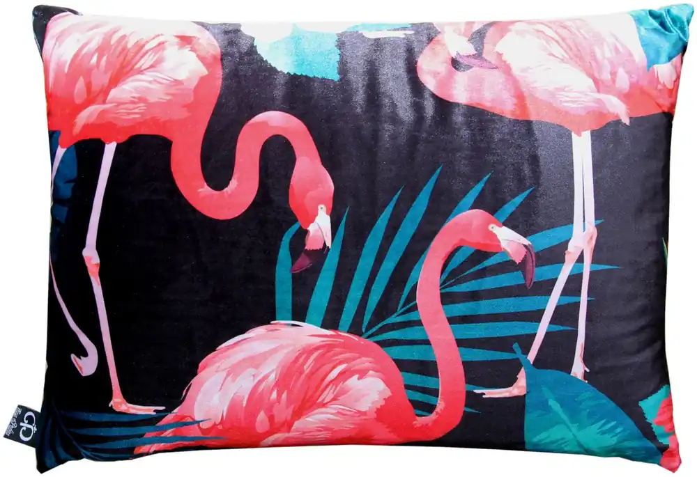 Casa Padrino Luxus Kissen Malibu Flamingos Schwarz / Mehrfarbig 35 x 55 cm - Feinster Samtstoff - Deko Wohnzimmer Kissen Expressversand