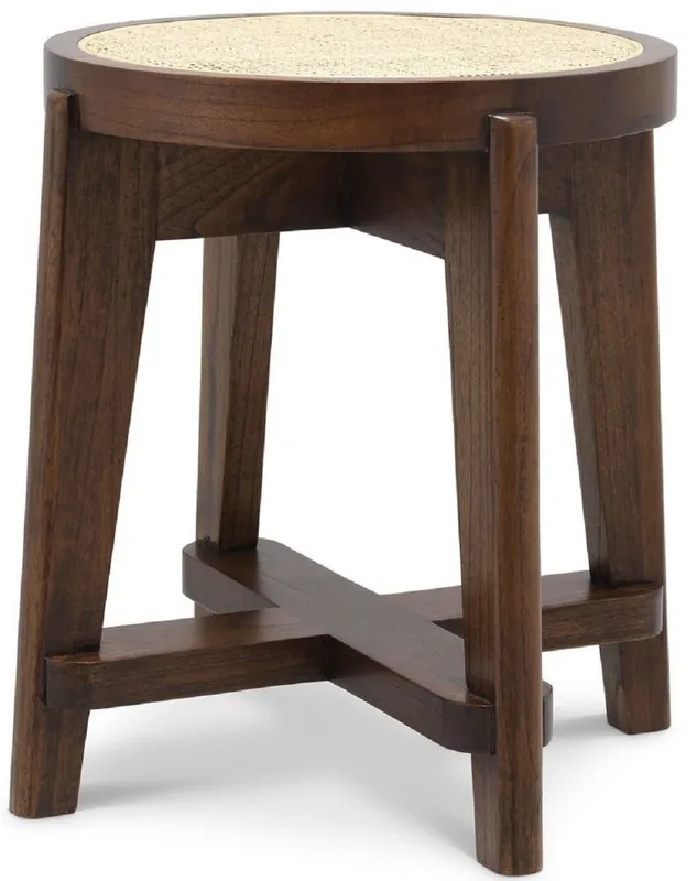 Casa Padrino Luxus Hocker Braun / Naturfarben Ø 44,5 x H. 47 cm - Runder Massivholz Sitzhocker mit Rattangeflecht - Wohnzimmer Möbel Top-Seller