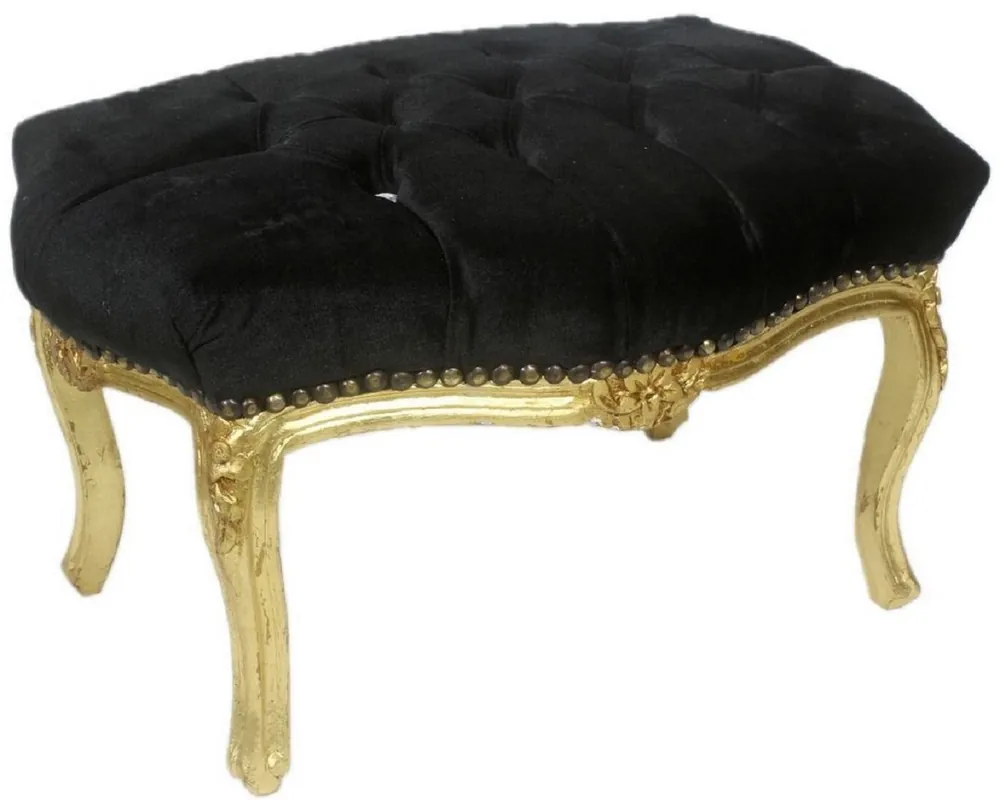 Casa Padrino Barock Fußhocker Schwarz / Gold 60 x 40 x H. 35 cm - Handgefertigter Barock Hocker mit Glitzersteinen - Barockstil Möbel Handgefertigt