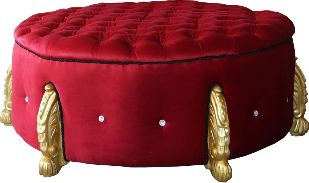 Casa Padrino riesiger Barock Rundhocker in Bordeaux / Gold mit Bling Bling Glitzersteinen Durchmesser 107 cm - Luxus Hotel Möbel - Limited Edition Top-Preis