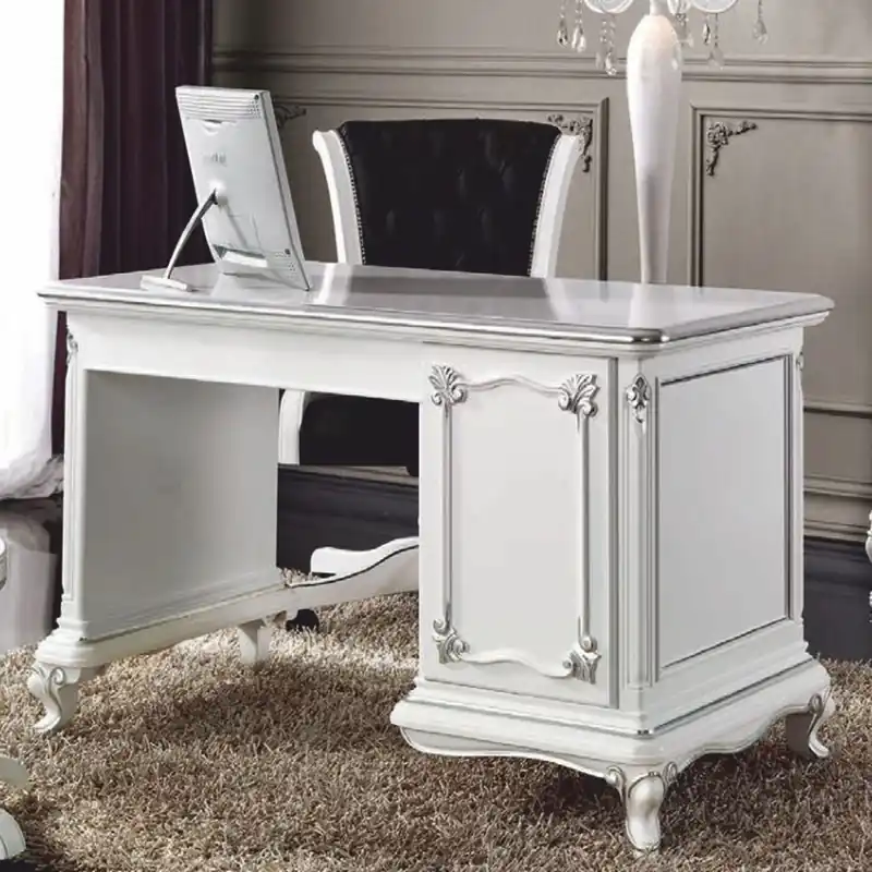 Casa Padrino Luxus Barock Schreibtisch Weiß / Silber 126 cm - Barock Büro Möbel - Made in Italy Solange Der Vorrat Reicht