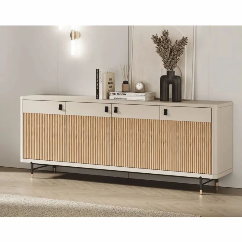 Casa Padrino Luxus Sideboard mit 4 Türen Weiß / Naturfarben / Schwarz / Gold 220 cm Preisknaller