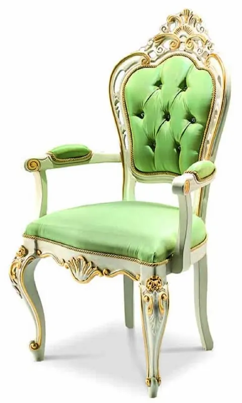 Casa Padrino Luxus Barock Esszimmer Stuhl mit Armlehnen Grün / Weiß / Gold - Made in Italy Markenware