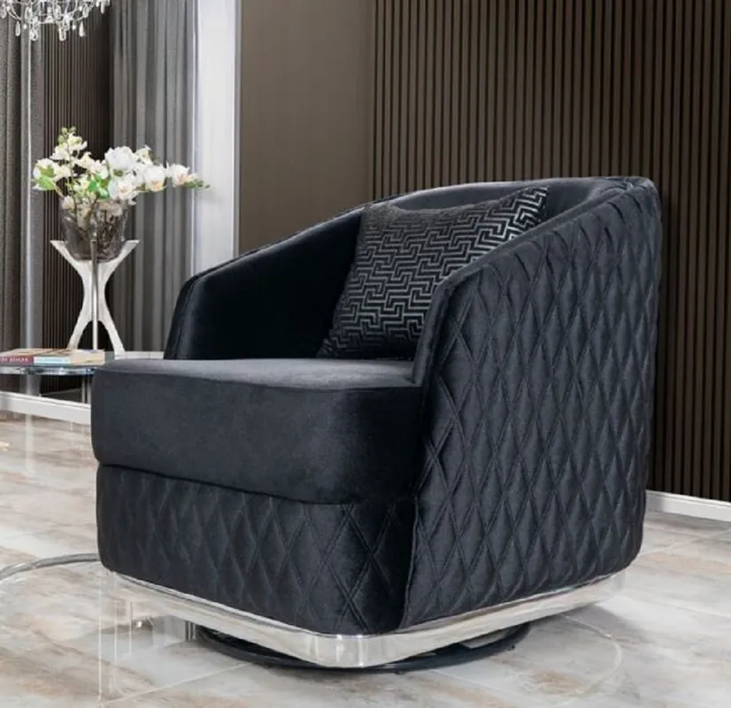 Heißes Angebot Casa Padrino Luxus Drehsessel Schwarz / Silber 85 x 80 x H. 75 cm - Wohnzimmer Sessel - Hotel Sessel - Wohnzimmer Möbel - Hotel Möbel - Luxus Möbel - Luxus Kollektion