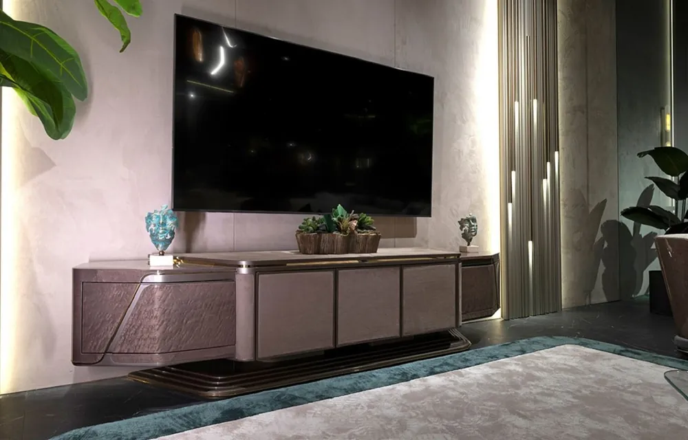 Casa Padrino Luxus TV Schrank Grau / Gold 251 x 50 x H. 58 cm - Massivholz Sideboard mit 5 Türen - Wohnzimmer Möbel - Luxus Möbel - Luxus Einrichtung Exklusiv