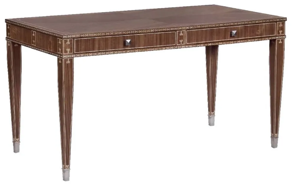 Casa Padrino Luxus Art Deco Schreibtisch mit 2 Schubladen Braun / Silber 141 x 70 x H. 75 cm - Massivholz Bürotisch - Büro Möbel - Art Deco Möbel - Luxus Möbel Preis Gesenkt