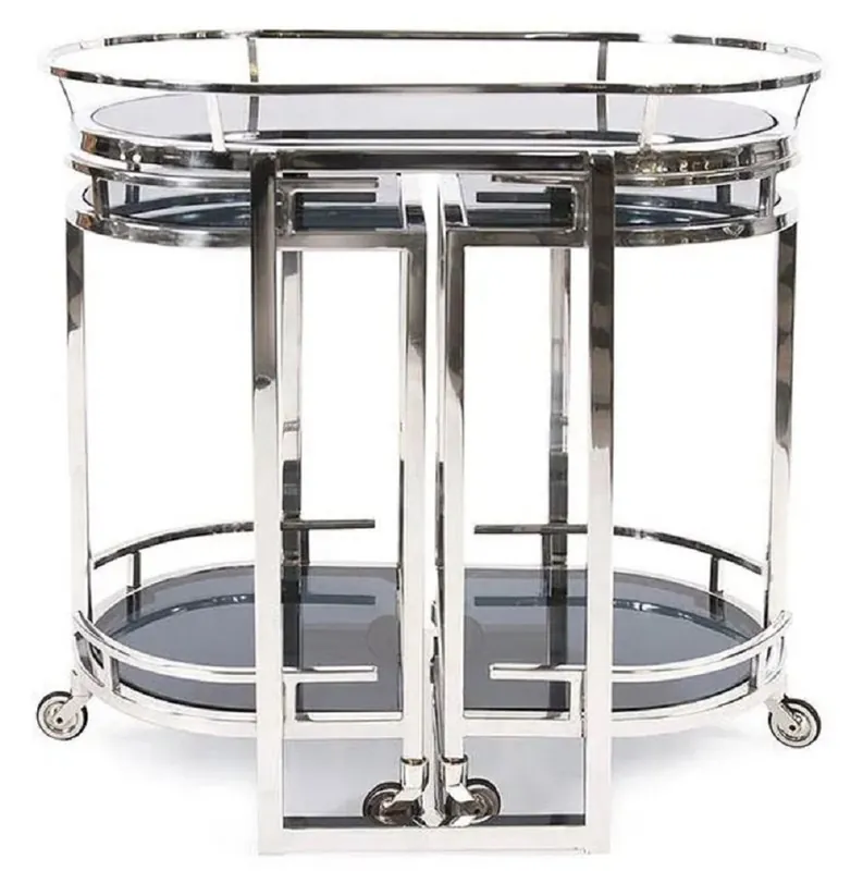 Preisknaller Casa Padrino Servierwagen Silber / Schwarz 79 x 46 x H. 84 cm - Ovaler Metall Trolley mit Glasplatten - Hotel Restaurant Gastronomie Trolley - Hotel & Restaurant Accessoires