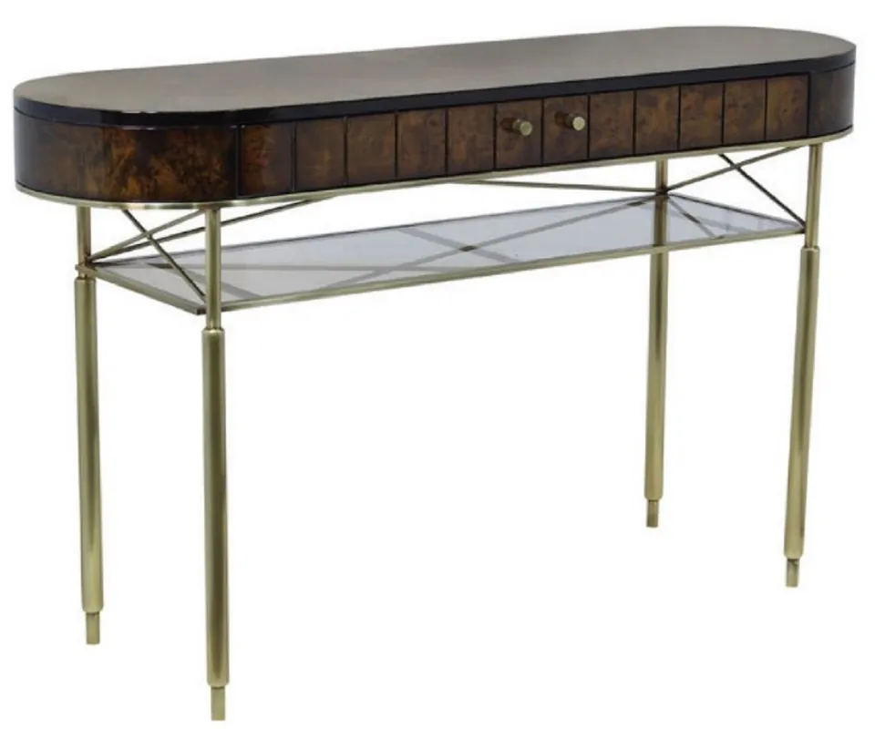 Ausverkauf Casa Padrino Luxus Konsole Braun / Gold / Grau 140 x 40 x H. 85 cm - Ovaler Konsolentisch - Luxus Möbel - Wohnzimmer Möbel - Luxus Einrichtung - Wohnzimmer Einrichtung