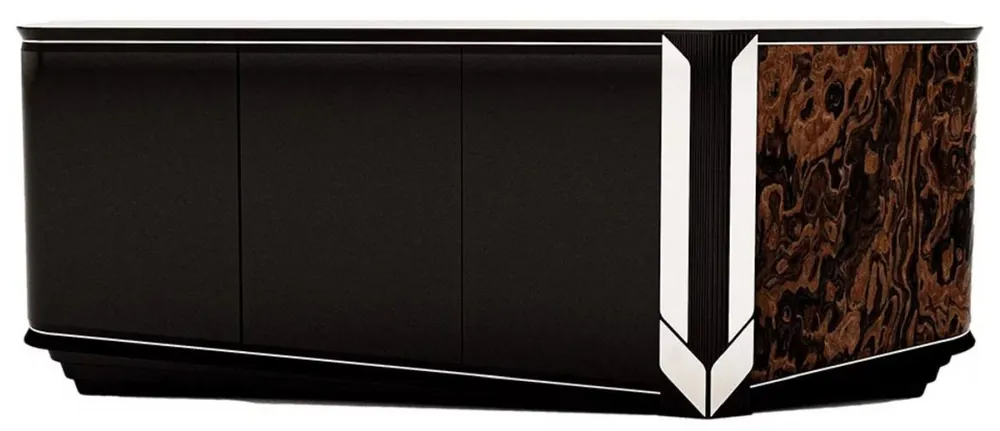 Direkt Vom Hersteller Casa Padrino Luxus Designer Sideboard mit 4 Türen Schwarz / Braun / Silber 230 x 54 x H. 85 cm - Luxus Möbel - Designer Möbel - Esszimmer Möbel - Hotel Möbel - Luxus Qualität