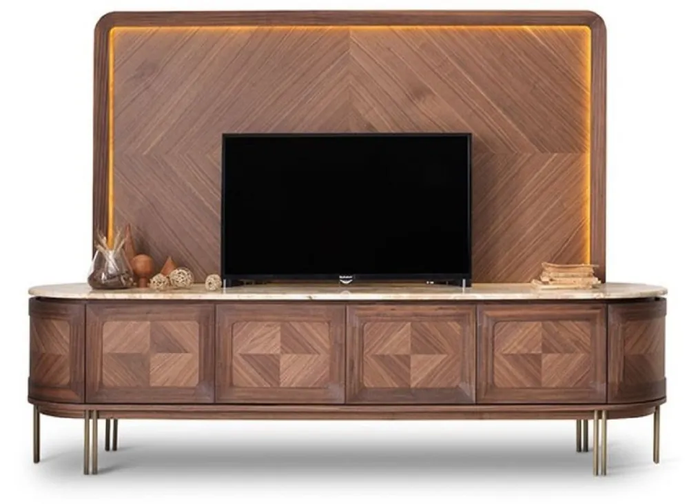 Hochwertig Casa Padrino Luxus TV Schrank Set Braun / Beige / Messing - Wohnzimmer Sideboard mit 4 Türen & beleuchteter TV Rückwand - Wohnzimmer Möbel - Hotel Möbel - Luxus Möbel