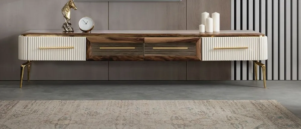 Casa Padrino Luxus Art Deco TV Schrank Braun / Weiß / Gold 235 x 48 x H. 48 cm - Wohnzimmer Sideboard mit 4 Schubladen - Art Deco Möbel - Wohnzimmer Möbel - Luxus Möbel Neuheit