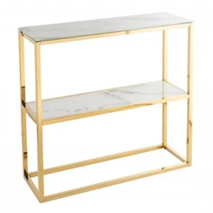 Ab Werk Casa Padrino Konsole Gold / Weiß / Grau Marmor Look 80 x 26 x H. 80 cm -Konsolentisch mit Glasplatte - Wohnzimmer Möbel