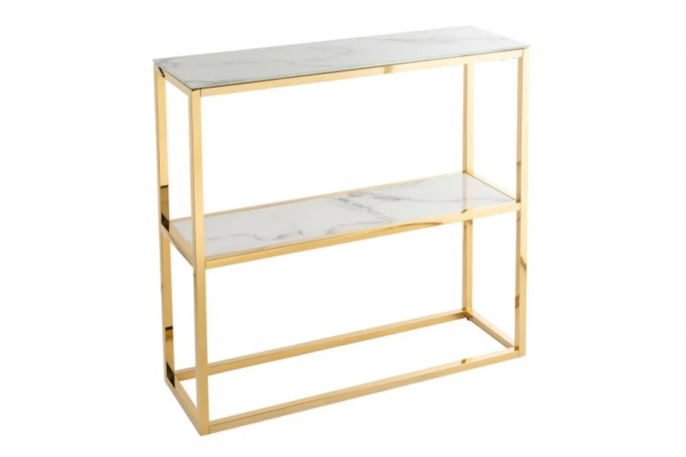 Ab Werk Casa Padrino Konsole Gold / Weiß / Grau Marmor Look 80 x 26 x H. 80 cm -Konsolentisch mit Glasplatte - Wohnzimmer Möbel