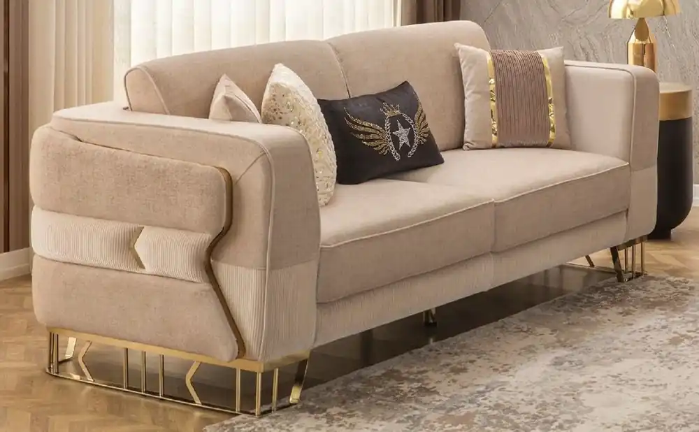 Casa Padrino Luxus Sofa Hellbraun / Gold 230 x 90 x H. 77 cm - Wohnzimmer Sofa - Hotel Sofa - Wohnzimmer Möbel - Hotel Möbel - Luxus Möbel - Wohnzimmer Einrichtung - Luxus Einrichtung Großhandel