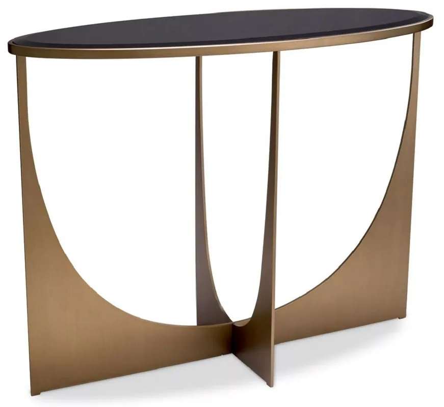 Casa Padrino Luxus Konsole Messing / Schwarz 101,5 x 41,5 x H. 78,5 cm - Ovaler Edelstahl Konsolentisch mit Glasplatte - Luxus Möbel - Wohnzimmer Möbel - Luxus Einrichtung - Wohnzimmer Einrichtung Kostenloser Rückversand