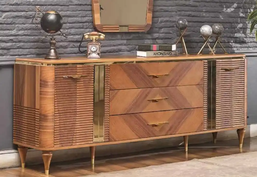 Gleich Bestellen Casa Padrino Luxus Art Deco Sideboard Braun / Gold 200 x 42 x H. 72 cm - Edler Massivholz Schrank mit 2 Türen und 3 Schubladen - Art Deco Möbel - Luxus Möbel