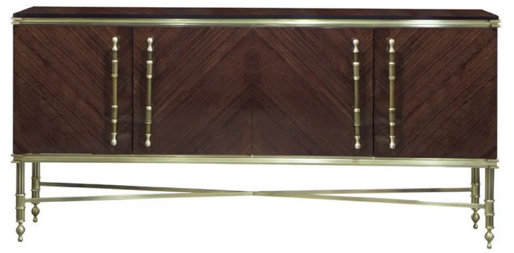 Neuheit Casa Padrino Luxus Sideboard Dunkelbraun Hochglanz / Matt Gold 222 x 52 x H. 100 cm - Edler Massivholz Schrank mit 4 Türen - Luxus Möbel - Luxus Einrichtung