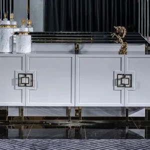 Ab Werk Casa Padrino Luxus Sideboard Weiß / Gold 210 x 50 x H. 85 cm - Edler Massivholz Schrank mit 4 Türen - Luxus Möbel - Luxus Einrichtung