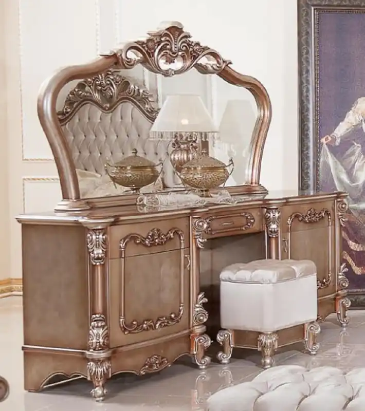 Casa Padrino Luxus Barock Schlafzimmer Set Kupfer / Silber - 1 Barock Schminkkommode & 1 Barock Spiegel & 1 Barock Hocker - Luxus Schlafzimmer Möbel im Barockstil - Edel & Prunkvoll Online Kaufen