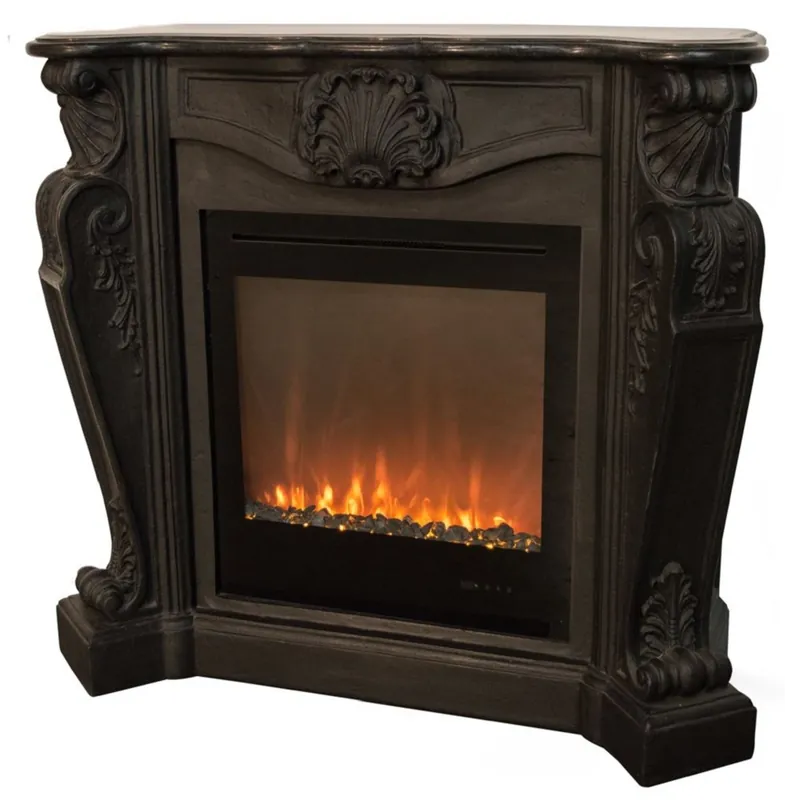 Casa Padrino Luxus Jugendstil Kamin mit LED Kamineinsatz Schwarz 118 x 43 x H. 111 cm - Luxus Elektrokamin Barock Design Premium