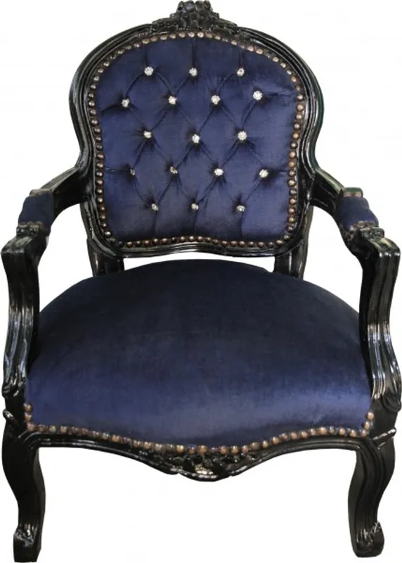 Casa Padrino Barock Kinder Stuhl Royalblau / Schwarz mit Bling Bling Glitzersteinen - Kindermöbel Preisknaller
