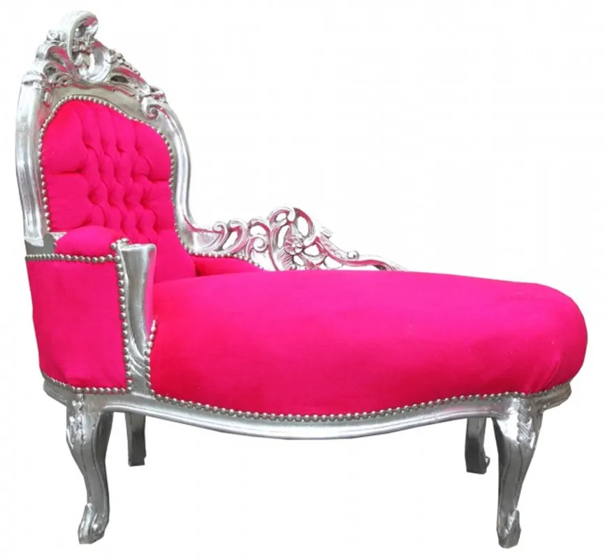 Casa Padrino Barock Kinder Chaiselongue Pink Silber-Barock Möbel Recamiere Kindermöbel Highlight