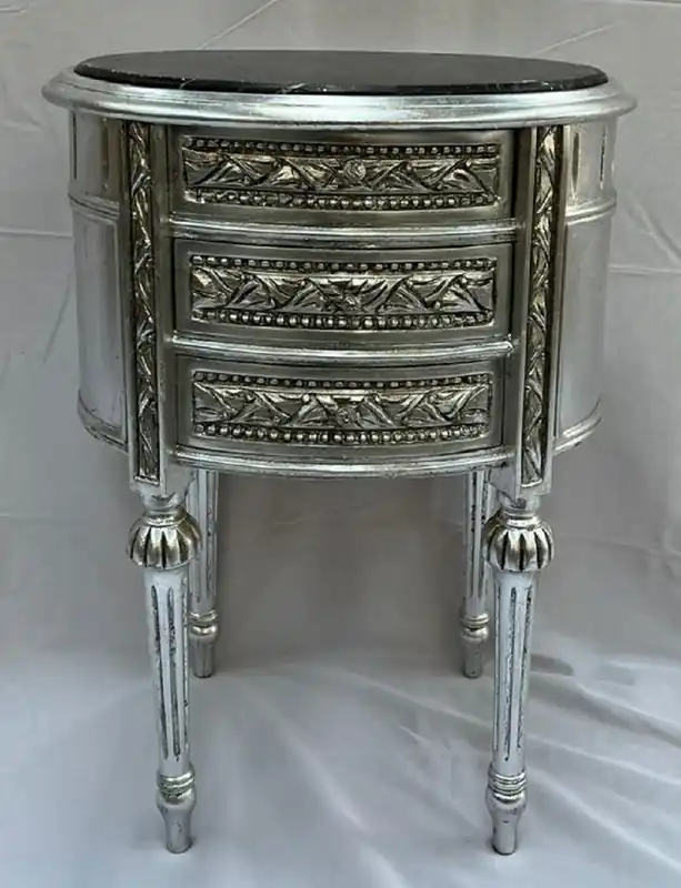 Highlight Casa Padrino Barock Nachtkommode Antik Silber / Schwarz - Prunkvolle Barockstil Kommode mit 3 Schubladen und Marmorplatte - Barock Möbel - Schlafzimmer Möbel im Barockstil