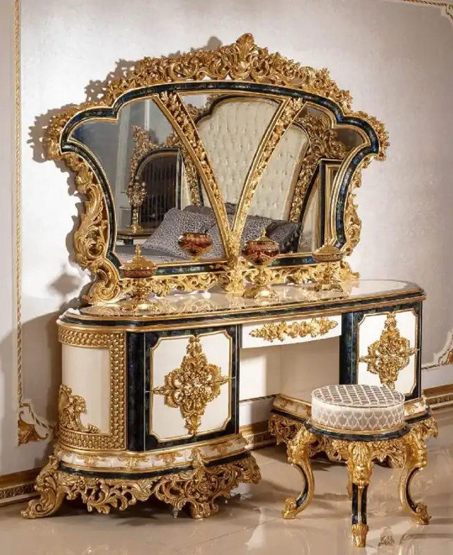 Casa Padrino Luxus Barock Schlafzimmer Set Weiß / Blau / Gold - 1 Barock Schminkkommode mit 5 Schubladen & 1 Barock Spiegel & 1 Barock Hocker - Barock Schlafzimmer Möbel - Edel & Prunkvoll Im Trend