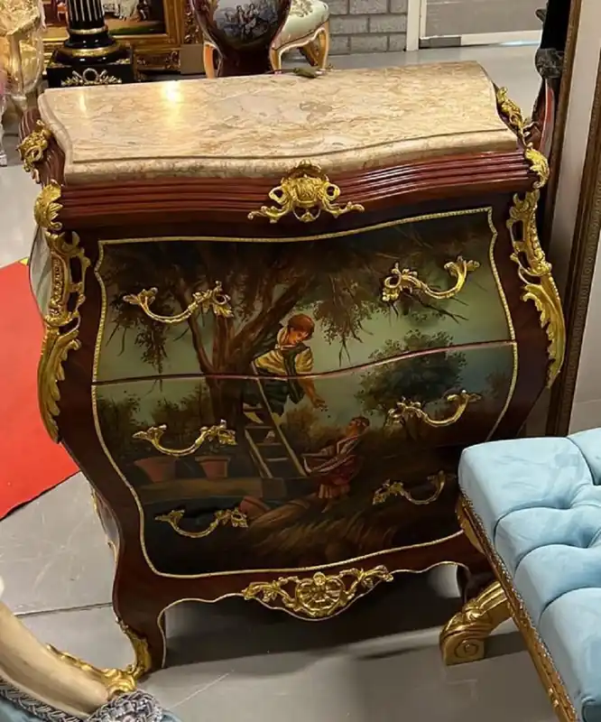 Casa Padrino Barock Kommode Braun / Gold / Mehrfarbbig / Cremefarben - Handgefertigte Massivholz Kommode mit 3 Schubladen und Marmorplatte - Barock Möbel Kostenloser Rückversand