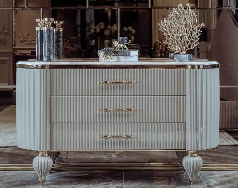 Casa Padrino Luxus Art Deco Kommode Grau / Weiß / Gold - Prunkvolle Kommode mit 3 Schubladen und Kunstmarmor Platte - Art Deco Schlafzimmer & Hotel Möbel - Luxus Kollektion Neue Ware