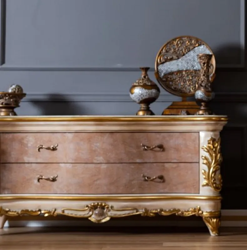 Casa Padrino Luxus Barock Kommode Beige / Weiß / Gold - Prunkvoller Massivholz Schrank mit 2 Schubladen - Barock Möbel Abverkauf