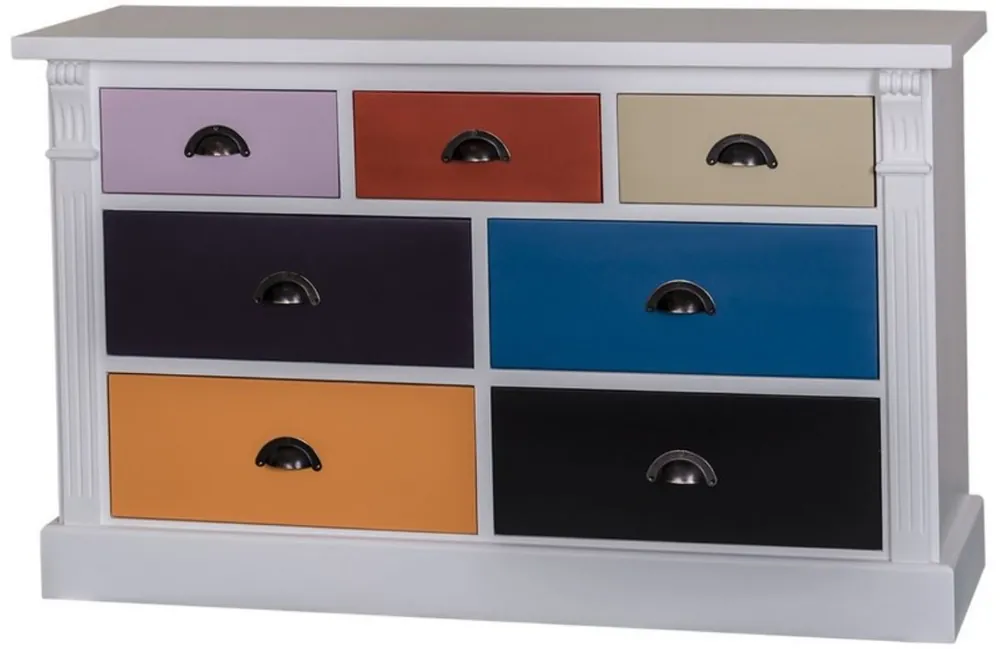 Casa Padrino Landhausstil Kommode mit 7 Schubladen Hellgrau / Mehrfarbig 122 x 41 x H. 75 cm - Massivholz Möbel Kostenloser Versand