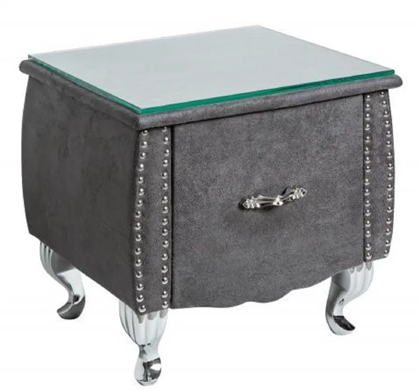 Casa Padrino Art Deco Nachttisch mit Schublade und Glasplatte Antik Grau / Silber 47 x 41 x H. 45 cm - Schlafzimmermöbel Billig