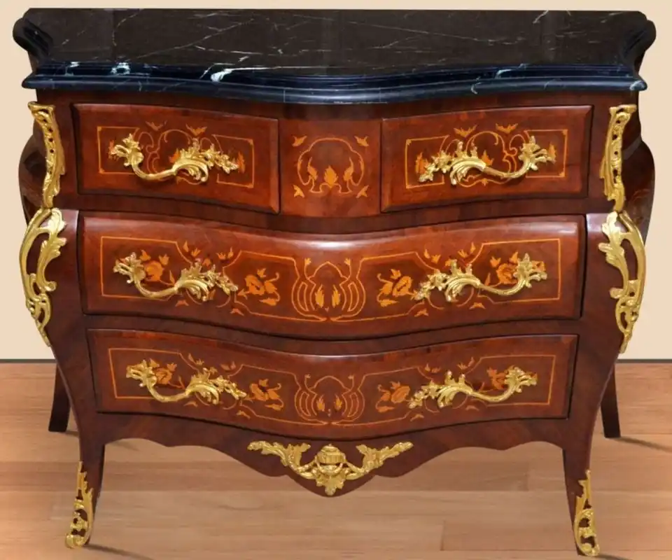 Highlight Casa Padrino Barock Kommode Braun / Gold / Schwarz 120 x 50 x H. 85 cm - Handgefertigte Massivholz Kommode mit 4 Schubladen und Marmorplatte - Barock Möbel