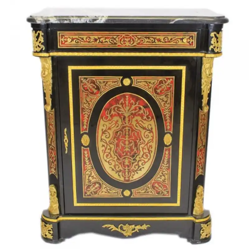 Casa Padrino Barock Boulle Kommode Schwarz / Gold / Rot mit Marmorplatte 95 x H105 cm - Möbel Schrank Sideboard Schneller Versand