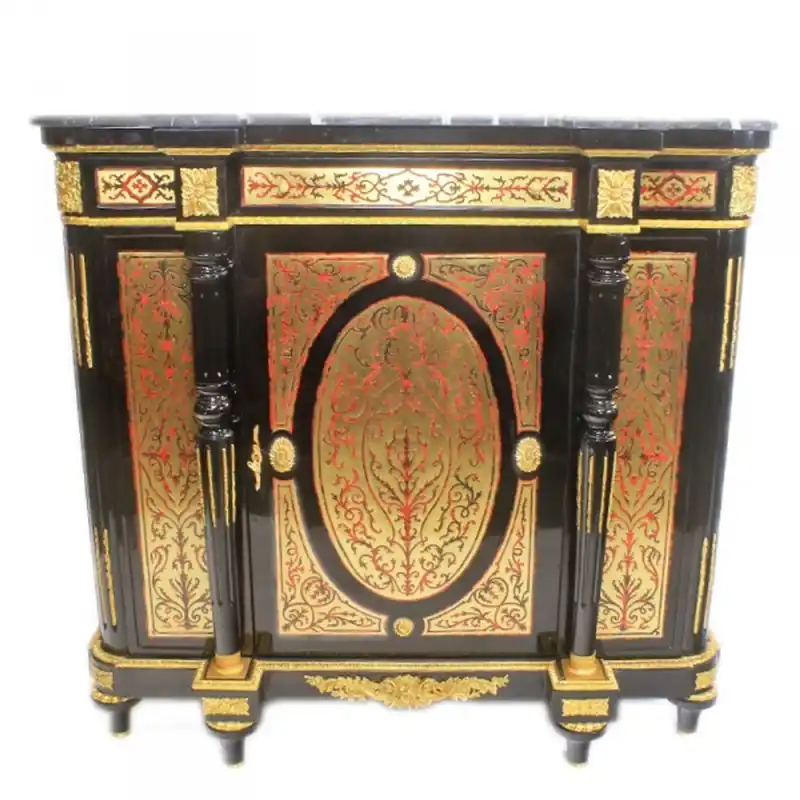 Abverkauf Casa Padrino Barock Boulle Kommode Schwarz / Gold / Rot mit Marmorplatte 130 cm - Möbel Schrank Sideboard