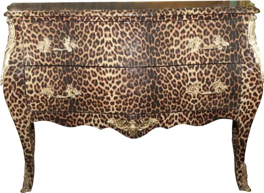 Handgefertigt Casa Padrino Barock Kommode Leopard mit goldenen Metall Applikationen 123 cm - Barock Möbel