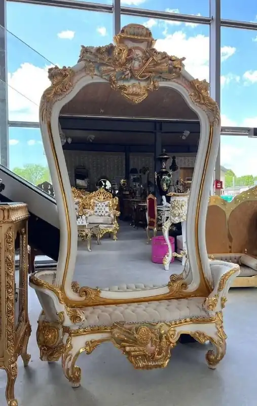 Casa Padrino Barock Spiegel mit Sitzbank Weiß / Grau / Mehrfarbig / Gold - Prunkvolle Barock Spiegelkonsole - Garderoben Möbel Barockstil - Barock Möbel - Edel & Prunkvoll Bestpreis
