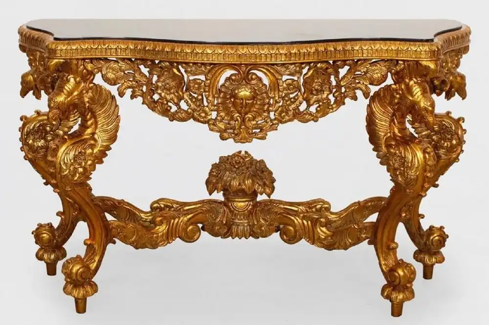 Casa Padrino Luxus Barock Konsole Gold / Schwarz - Handgefertigter Massivholz Konsolentisch mit edlen Verzierungen und Marmorplatte - Barock Möbel Aktuell
