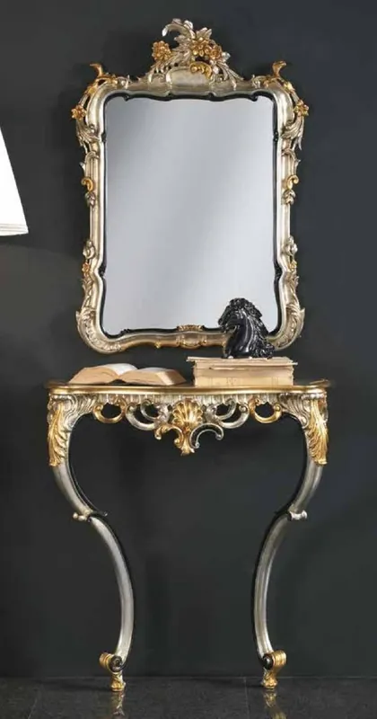 Preisknaller Casa Padrino Luxus Barock Spiegelkonsole Silber / Gold - Prunkvolle Barock Konsole mit Wandspiegel - Barock Hotel & Schloß Möbel - Luxus Qualität - Made in Italy
