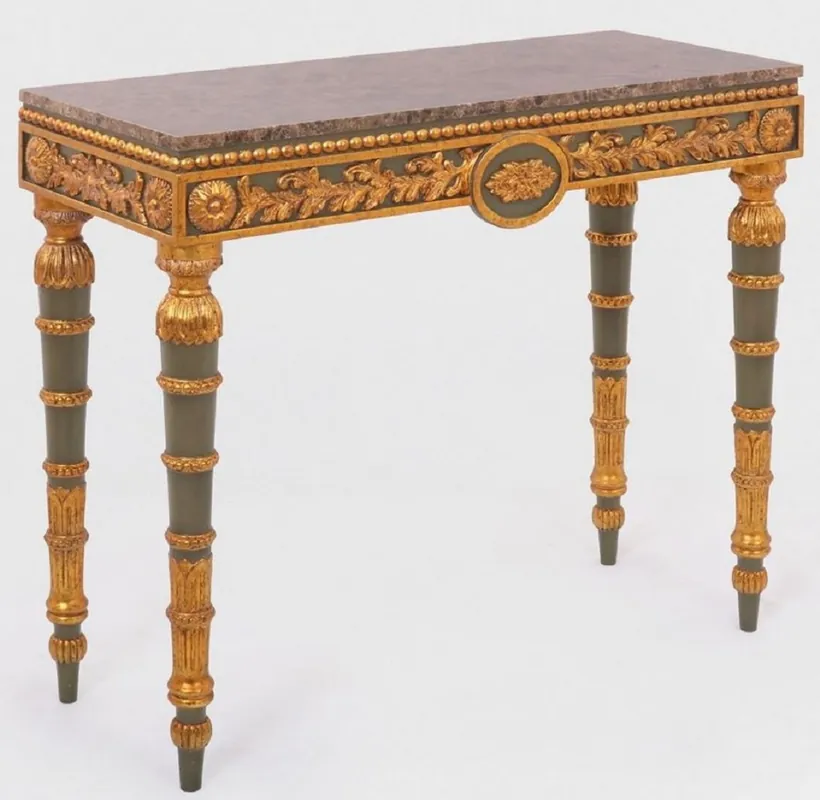 Casa Padrino Luxus Barock Konsole Grau / Antik Gold / Braun - Handgefertigter Massivholz Konsolentisch mit edlen Verzierungen und Marmorplatte - Barock Möbel Limited Edition
