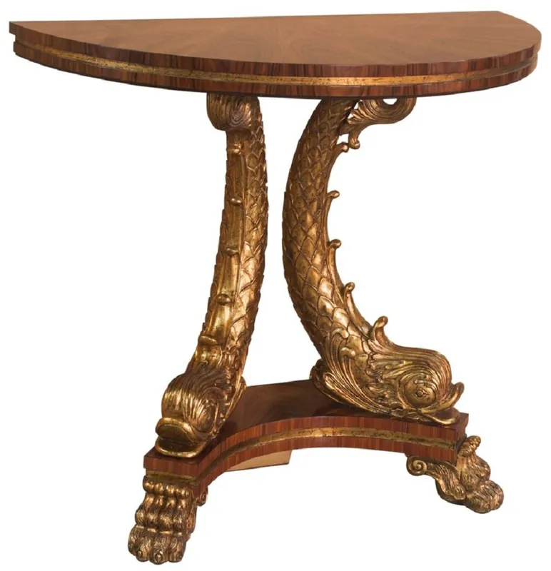Casa Padrino Luxus Barock Konsole Braun / Gold 92 x 47 x H. 83 cm - Halbrunder Massivholz Konsolentisch mit dekorativen handgeschnitzten Koi Fischen und Löwenfüßen - Edel & Prunkvoll Günstig