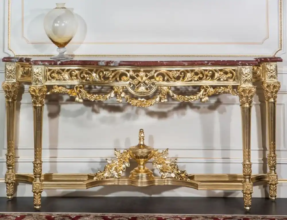 Preisreduziert Casa Padrino Luxus Barock Konsole Gold / Rot 200 x 48 x H. 93 cm - Prunkvoller handgeschnitzter Konsolentisch mit Marmorplatte - Hotel Restaurant Schloss Möbel - Luxus Qualität - Made in Italy