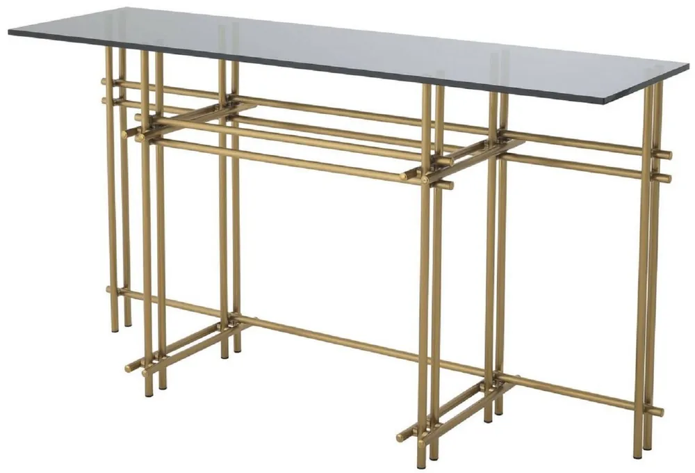 Ab Werk Casa Padrino Designer Konsole Messingfarben / Grau 131 x 36,5 x H. 73 cm - Edelstahl Konsolentisch mit Glasplatte - Designer Möbel - Luxus Qualität