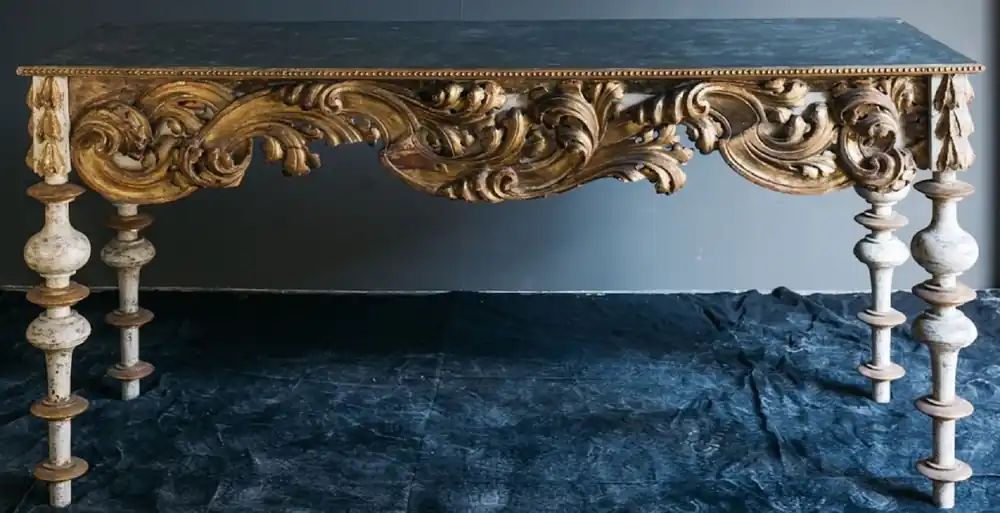Casa Padrino Luxus Barock Konsole mit Marmorplatte Antik Weiß / Antik Gold / Schwarz 190 x 62 x H. 92 cm - Handgefertigter Antik Stil Konsolentisch Billig