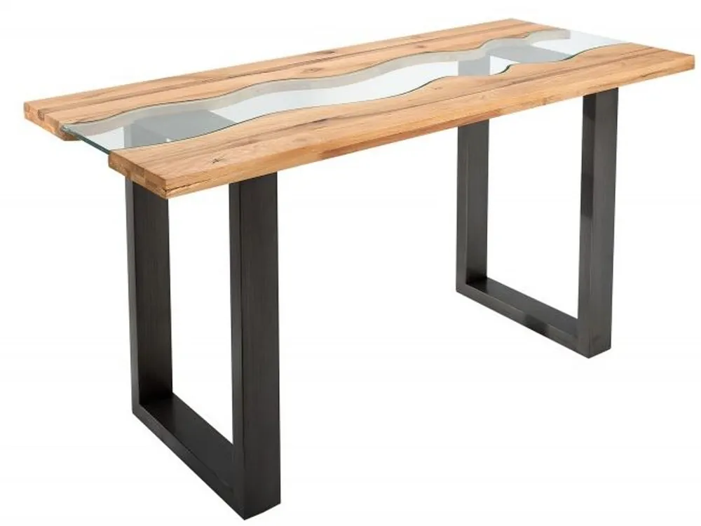 Casa Padrino Designer Massivholz Wildeiche Konsole mit Sicherheitsglas140 x 60 x H.75cm - Konsolen Tisch - Sekretär Konsole - Telefontisch - Hotel Möbel Gratis Versand