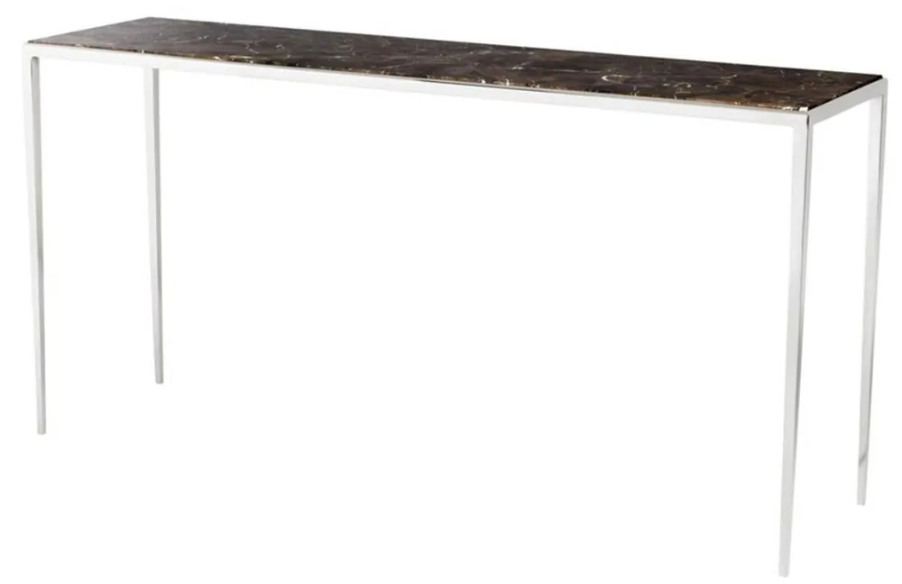 Sonderaktion Casa Padrino Wohnzimmer Konsole in silber mit brauner Marmorplatte 152 x 40 x H. 76 cm - Luxus Qualität