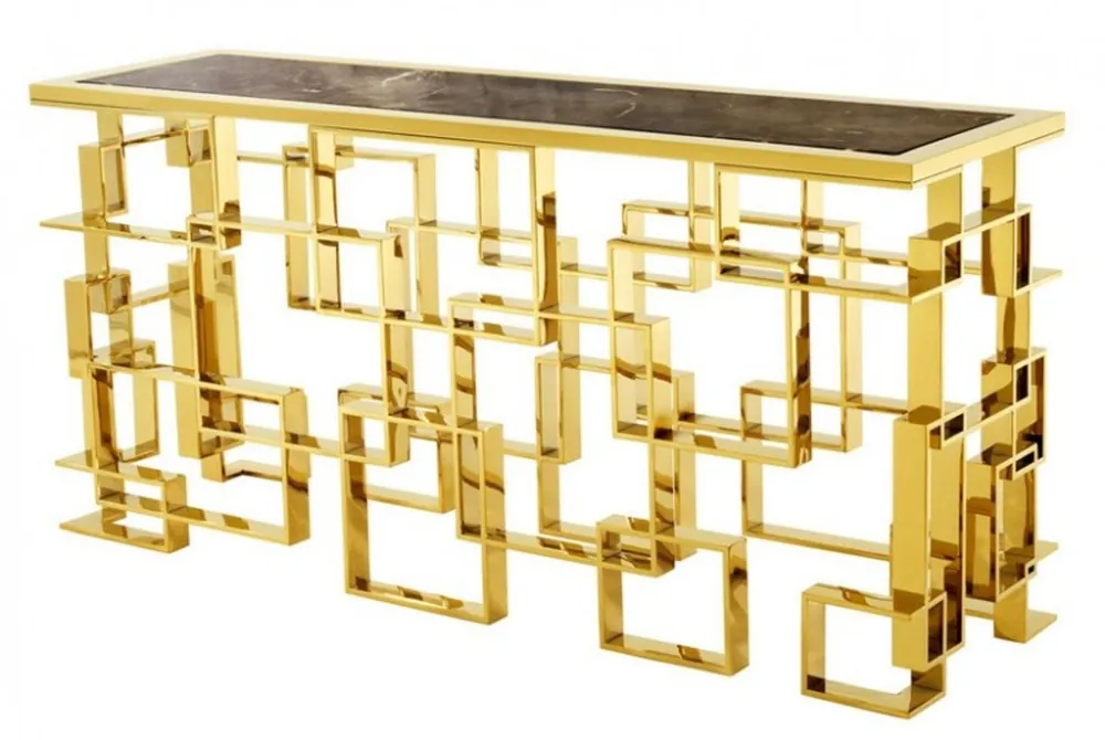 Casa Padrino Art Deco Luxus Konsole Edelstahl / Gold Finish mit Marmorplatte 150 x 60 x H. 77 cm - Konsolen Tisch - Sekretär Konsole - Telefontisch - Hotel Möbel Neu